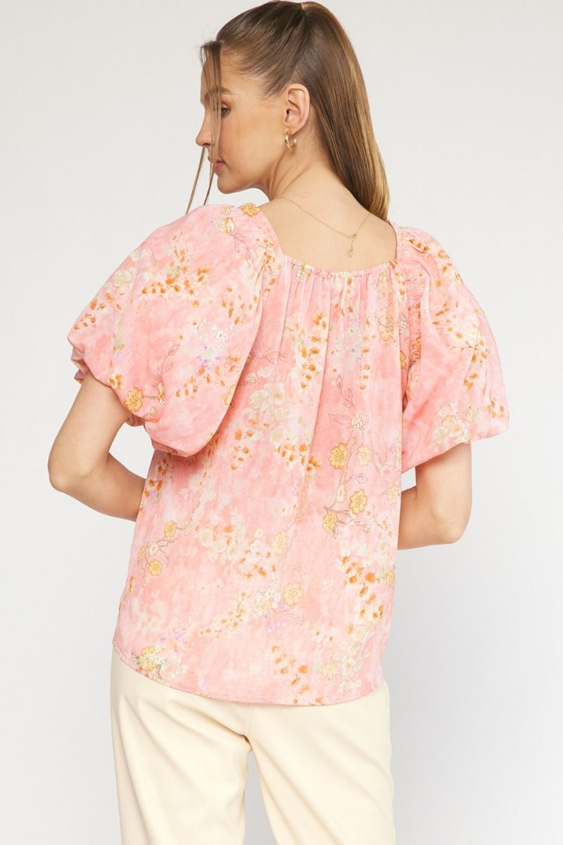 Blush floral print square neck top