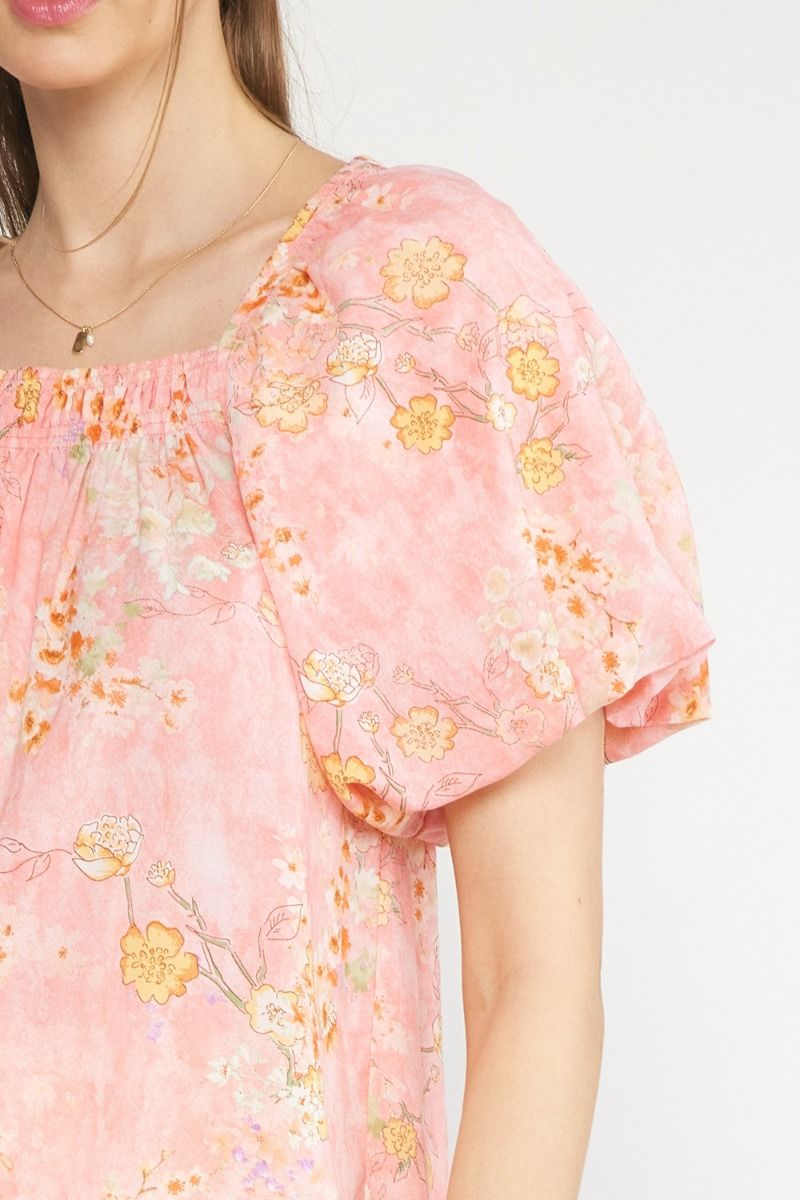 Blush floral print square neck top