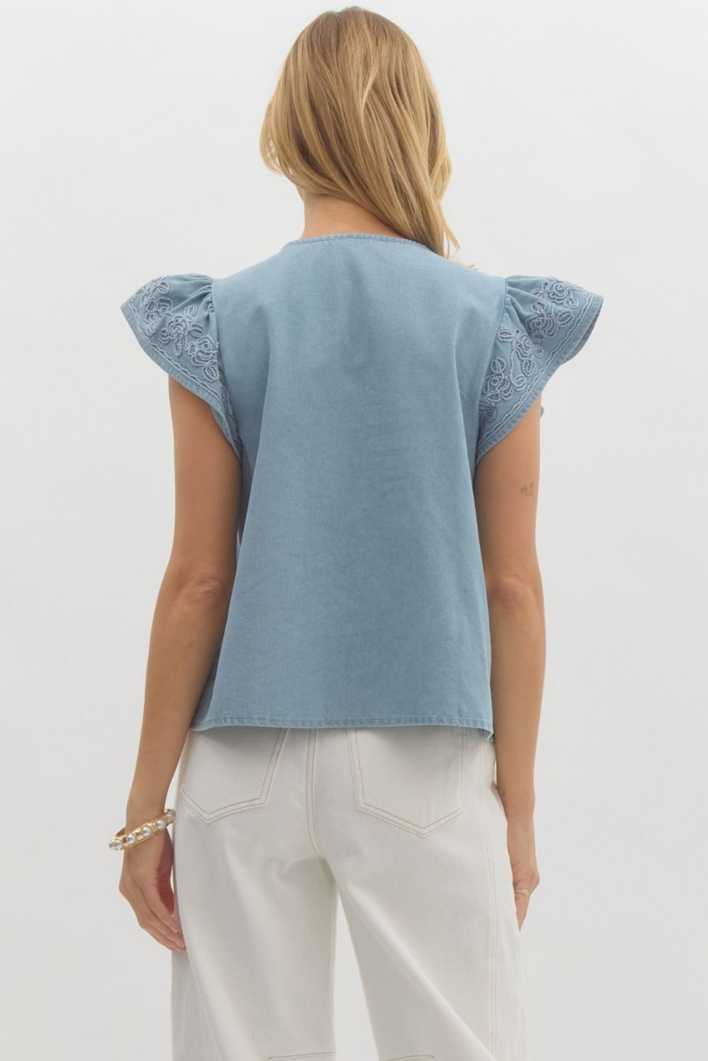 Lt blue solid split neck flutter sleeve top