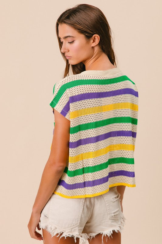 Mardi Gras stripes dolman sleeve sweater