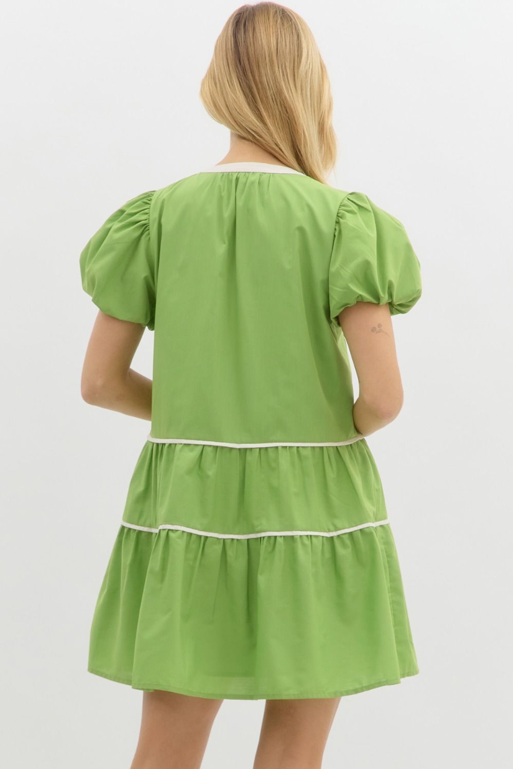 Green solid short bubble sleeve mini dress