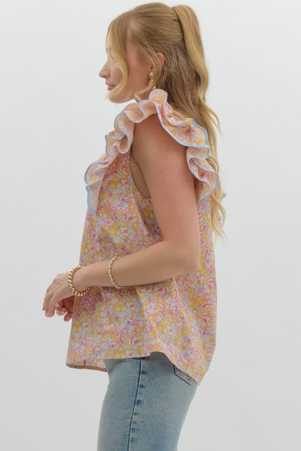 Blue Ditsy floral top ruffle over shoulder