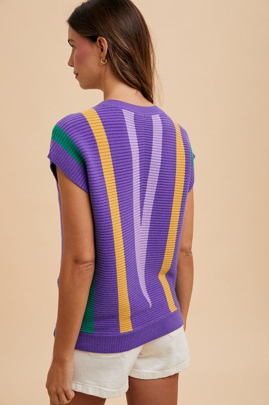 Mardi Gras multi color chevron stripe short sleeve sweater