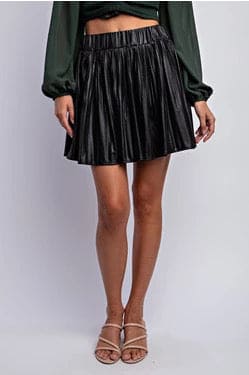 Black Pleated Faux Leather Skirt