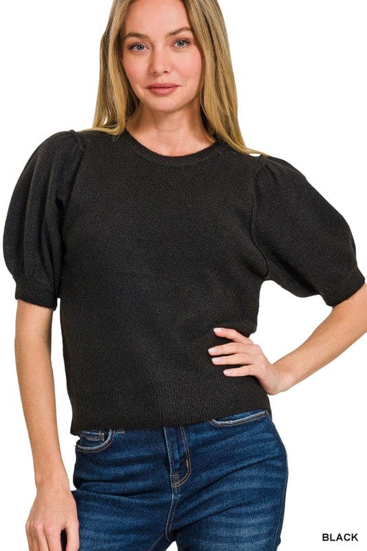 Black puff short sleeve sweater