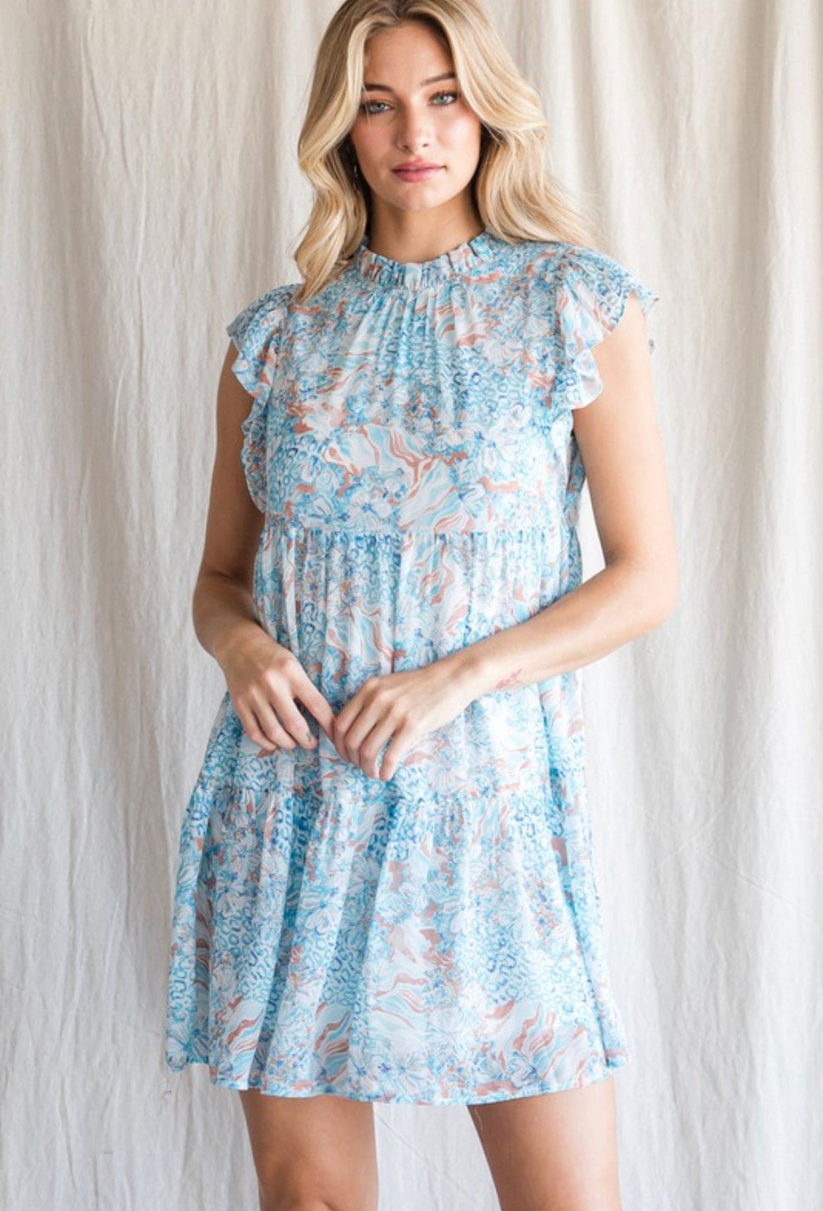 Blue ruffle woven dress