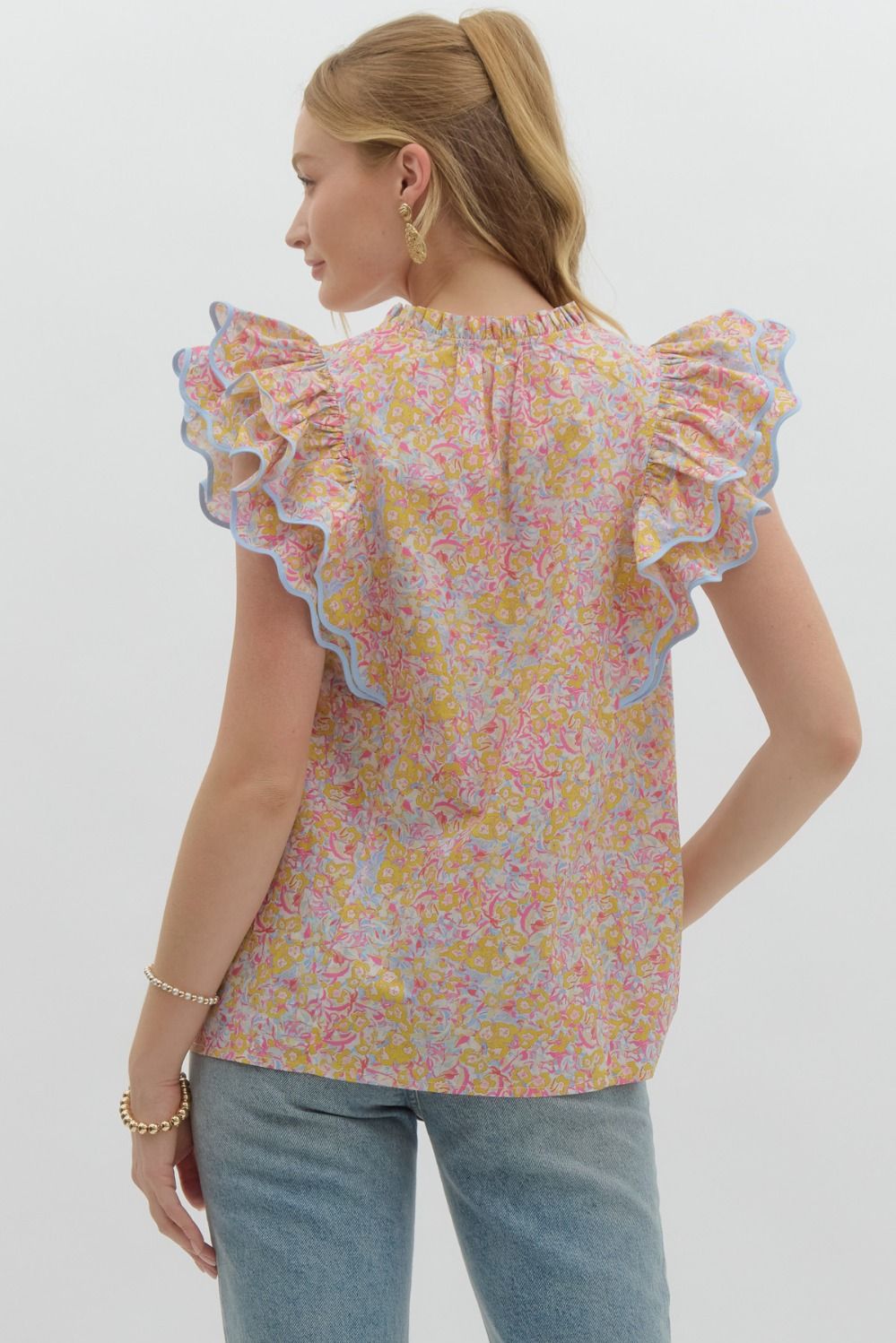 Blue Ditsy floral top ruffle over shoulder