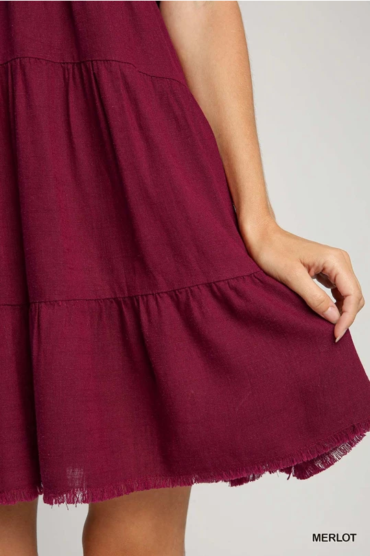 Wine linen folded sleeve tiered dress