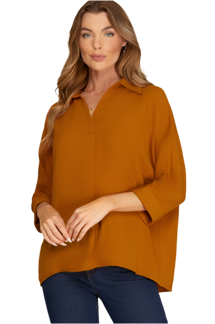 Caramel 3/4 sleeve woven top