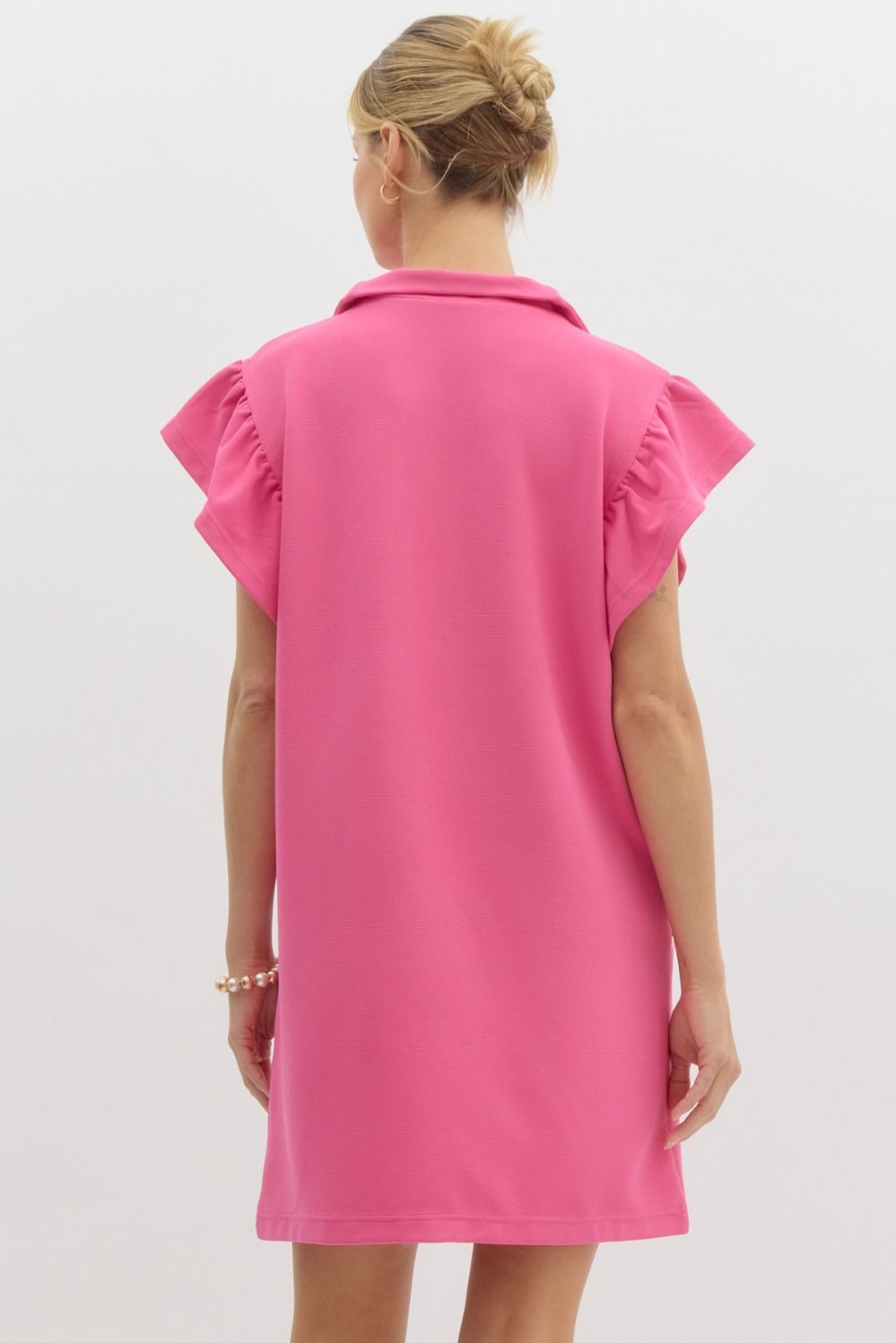 Pink solid mini half zip collard dress