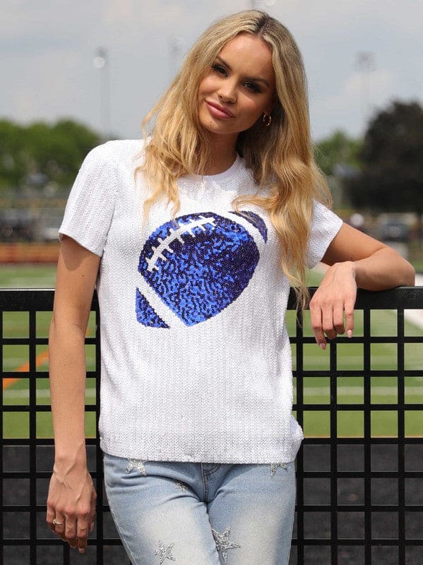 Game Day Sequin shirt with sequin football St. Pauls Mandeville White and Royal