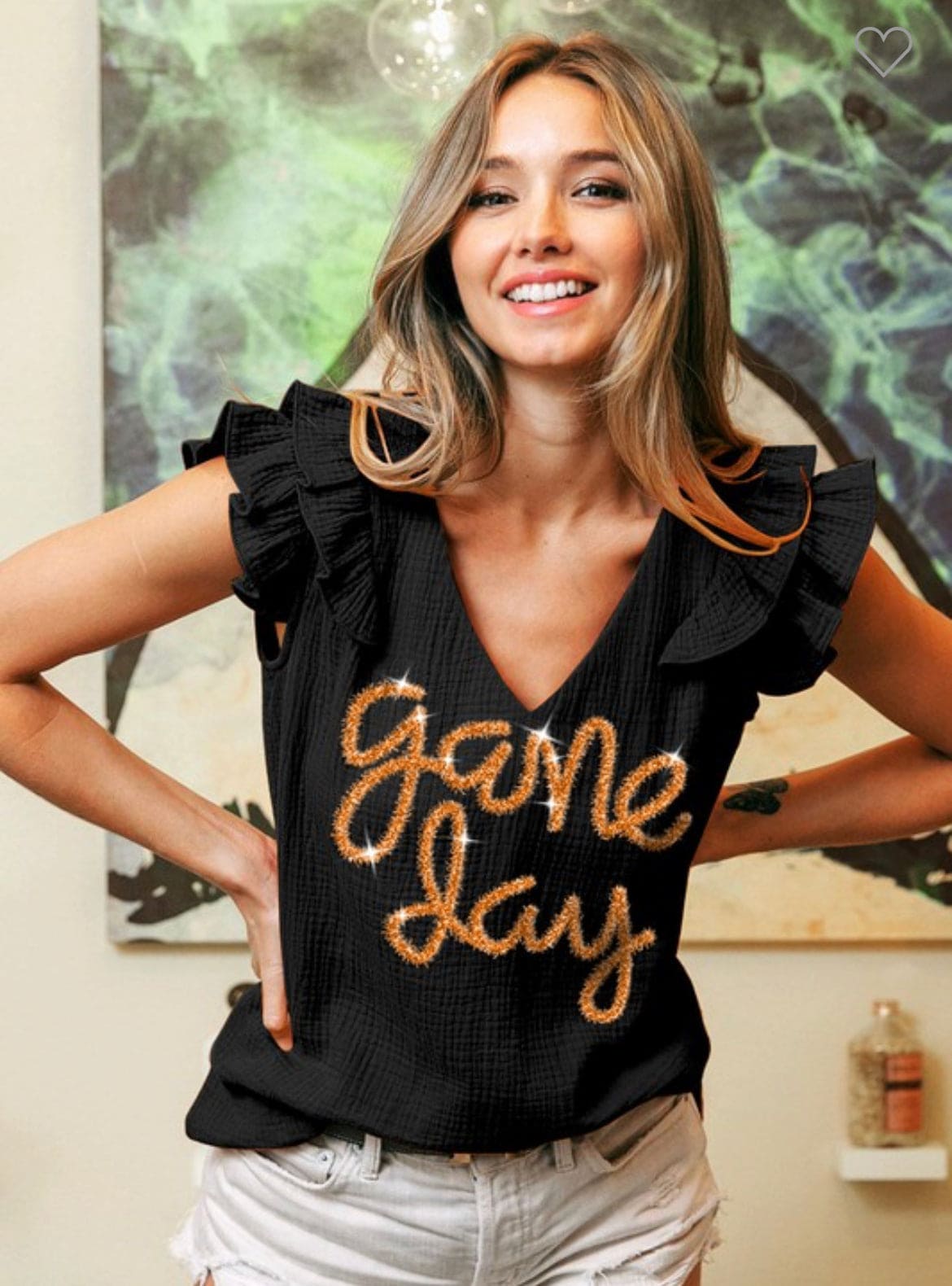 Game Day metallic letter ruffle top Black and Gold