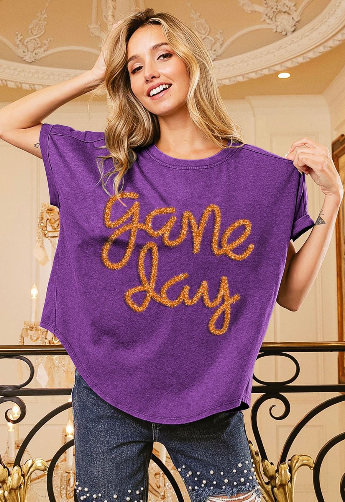 Game Day metallic letter vintage washed top Purple