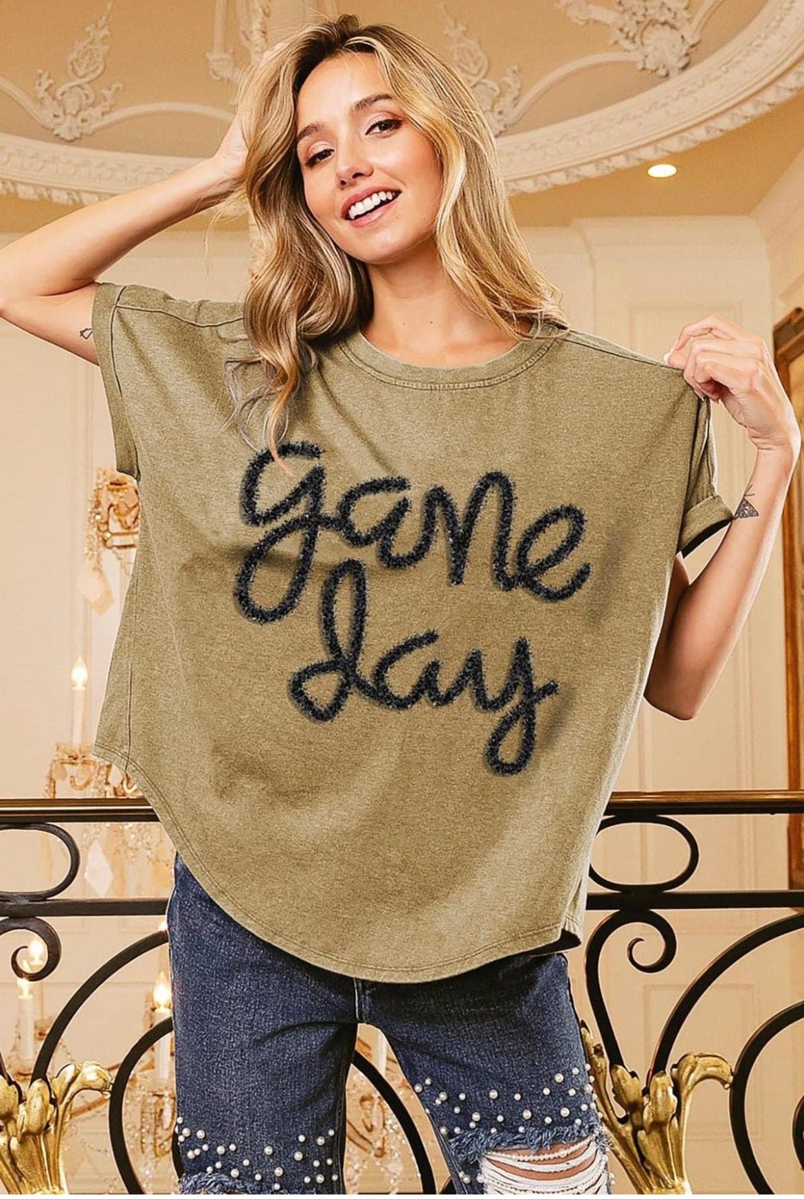 Game Day metallic letter vintage washed top Latte