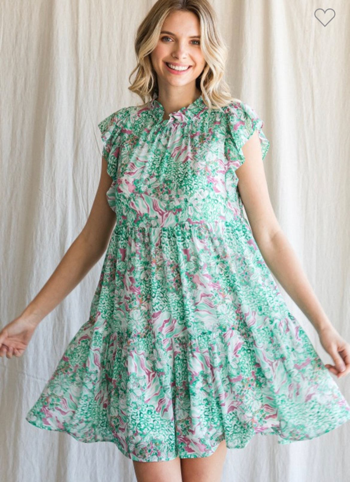 Green and pink ruffle sleeve dress