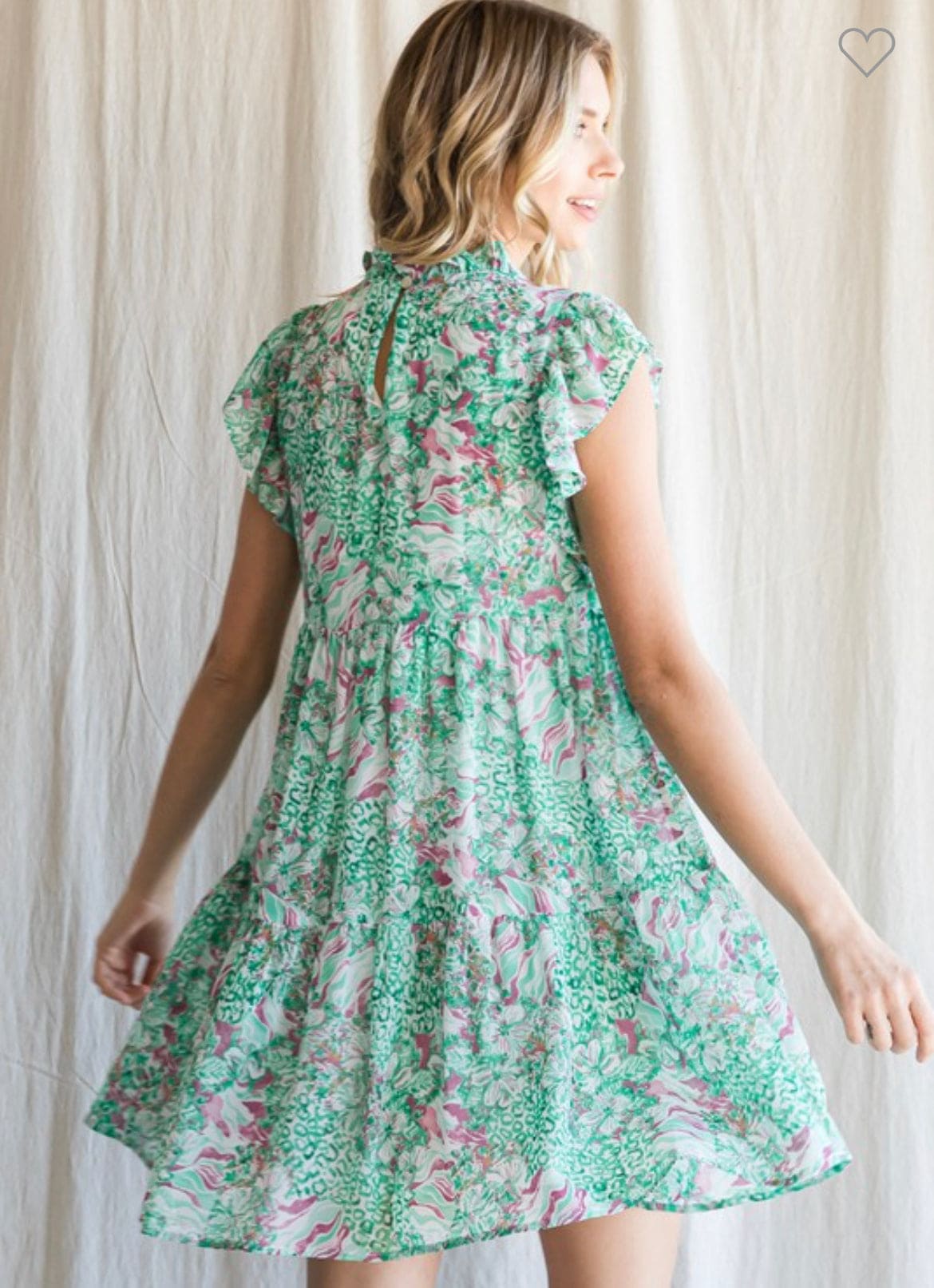 Green and pink ruffle sleeve dress