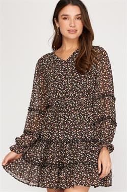 Long sleeve ruffle woven print Dress