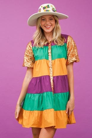 Mardi Gras sequin block tiered dress