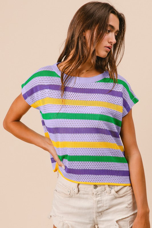 Mardi Gras stripes dolman sleeve sweater