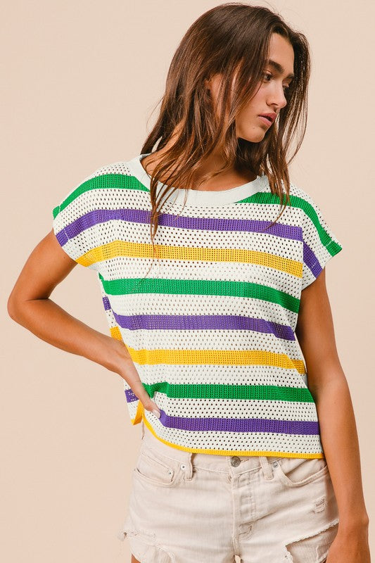 Mardi Gras stripes dolman sleeve sweater