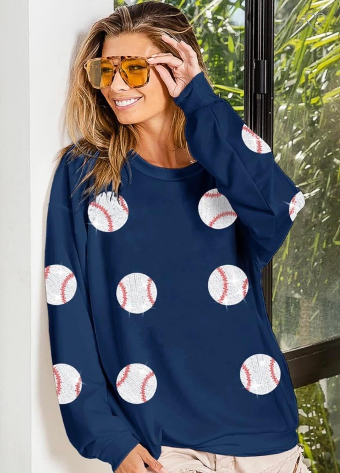 Navy Long sleeve sequin baseball top