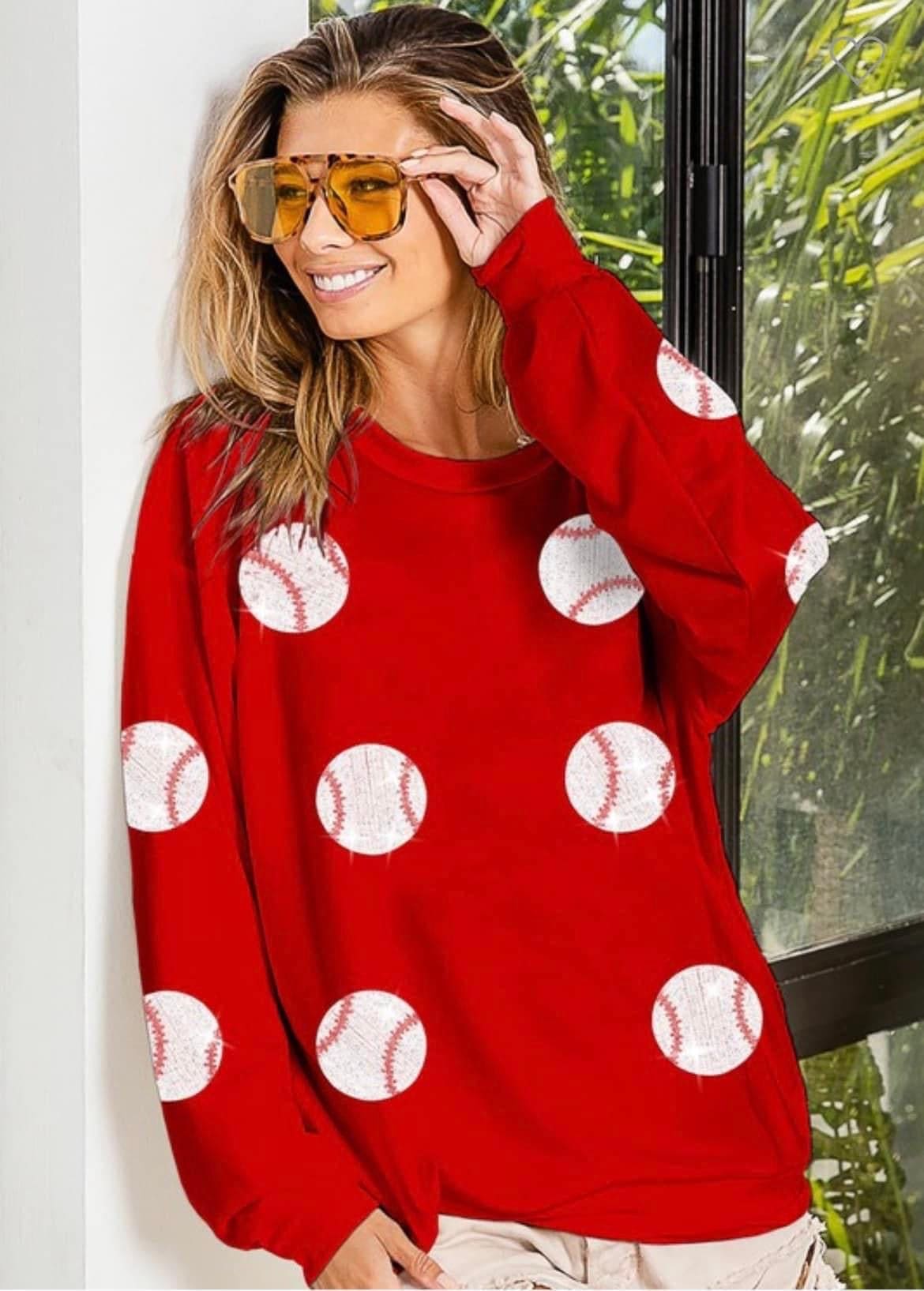 Red sequin long sleeve baseball pullover