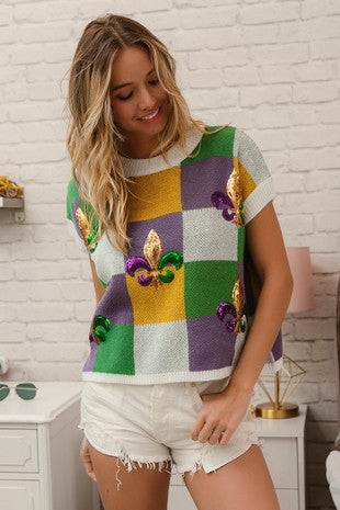 Sequin Embroidery checker sweater