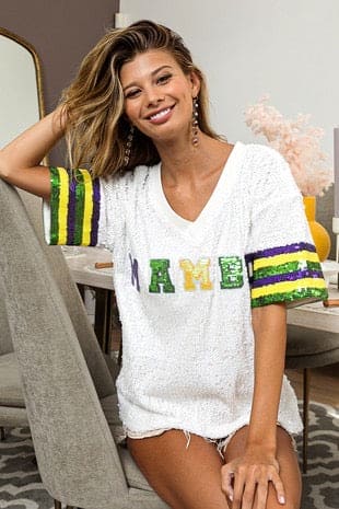 Sequin Mardi Gras short sleeve top