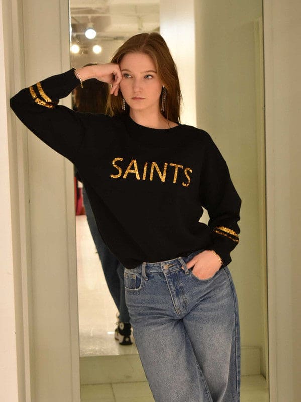 Sequin saints knit Game Day Long Sleeve Top Black and Gold