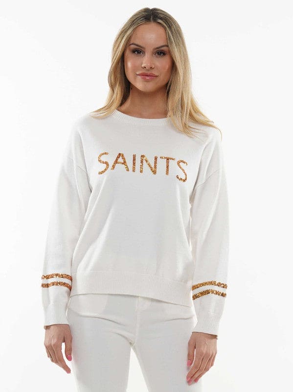 Sequin saints knit Game Day Long Sleeve Top White and Gold