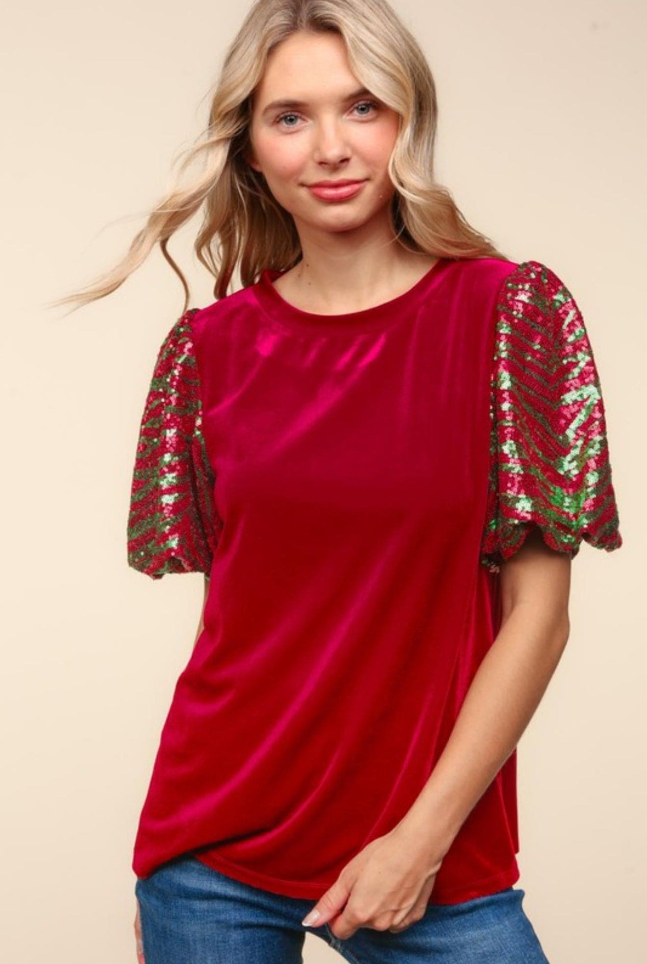 Velvet sequin bubble short sleeve top