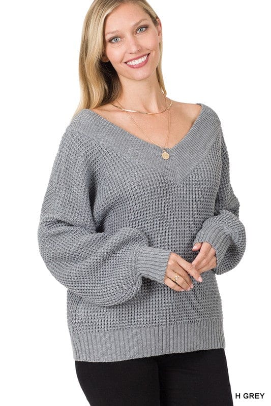 BALLOON SLEEVE WIDE DOUBLE V-NECK WAFFLE SWEATER Geaux Styles