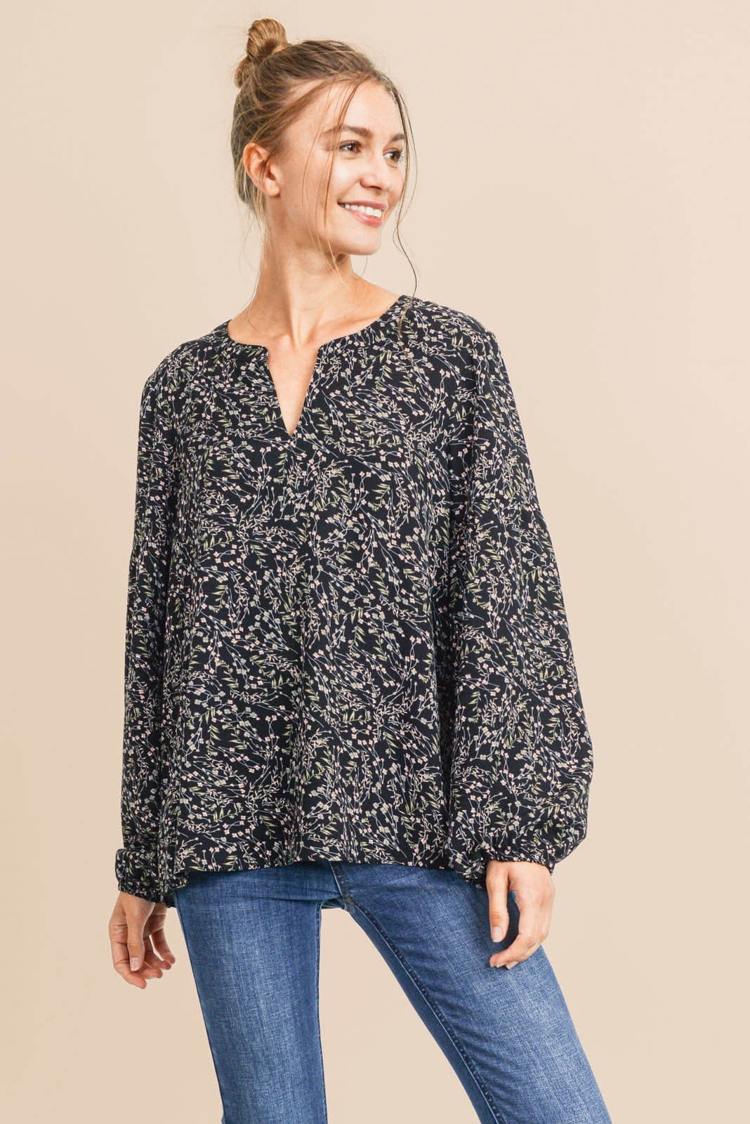 Women's Ditsy Black Printed Henley Neck Long Sleeve Top Geaux Styles